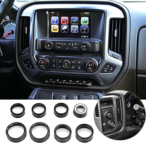 Thor-Ind AC Radio Knob Cover Compatible with Chevrolet Chevy Silverado & GMC Sierra 2014-2018 Dash Menu Auto Climate Control Volume Turn Signal 4WD Light Switch Knob Button Cover Trim Ring (Black)