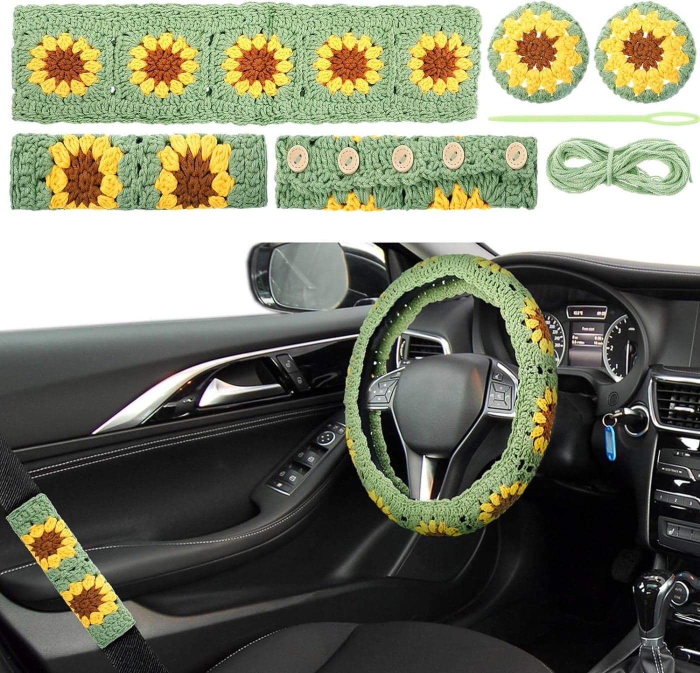 SYCAMORE EAST 5 Pc Crochet Steering Wheel Cover with 2 Crochet Belt Covers 2 Pc Crochet Car Mats 1 Pc Sunflower Handmade Crochet Flower Steering Wheel Cover for Women Girl (Green)