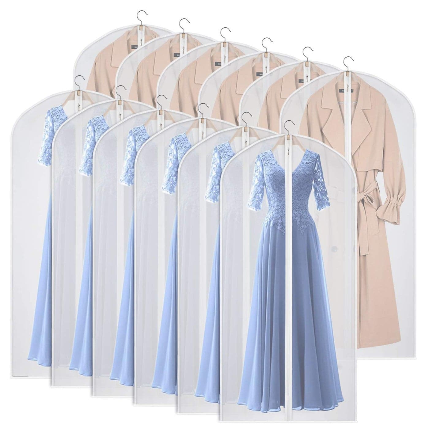 Kntiwiwo 60 Garment Bags Dress Bag for Storage Set of 12 DustProof Suit Protector Cover Bag with Zipper for Long Dresses Suit Coat Closet Clothes Storage
