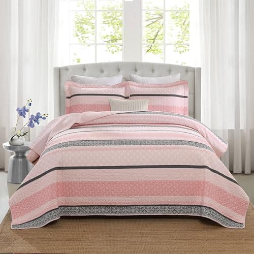 Homzard King Size Comforter Set, Cotton Quilt,Light Pink and Grey Bedding Set,Lightweight Striped Bedspread, Reversible Coverlet King Size (106"X98") with 2 Pillow Shams All Season