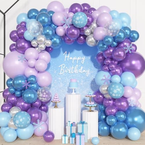 Ouddy Life 157 Pcs Frozen Balloon Arch Garland Kit Blue Purple Sliver Snowflake Balloons Different Size for Winter Princess Wonderland Baby Shower Decorations Ice Snow Theme Birthday Party Decor