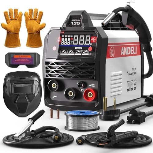 ANDELI 135A MIG Welder 110V/220V, 4-in-1 PULSE Flux Core MIG/Lift Tig/Stick Gasless MIG Welding Machine with Synergy,Large LED Display,2T/4T Full Kit (Bonus Welding Helmet & Gloves)
