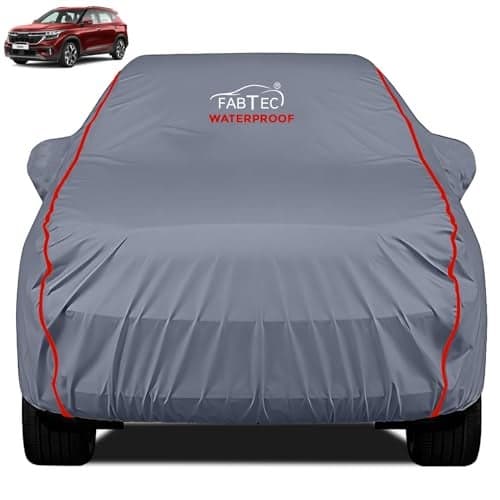 FABTEC Waterproof Premium Car Cover for Kia Seltos with Mirror Pocket Super Waterproof Car Body Cover Heavy Duty Durable Peva Grey with Red Piping