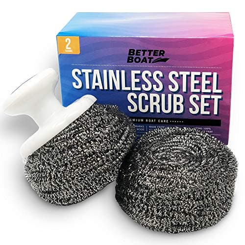 Stainless Steel Scrubber Set, Marine Grade Steel Wool Scouring Pads with Brush Handle, Heavy Duty Cleaning Supplies for Kitchen, Dishes, Teak Wood, Outdoor Furniture, and Metal Tough Cleaning Tasks