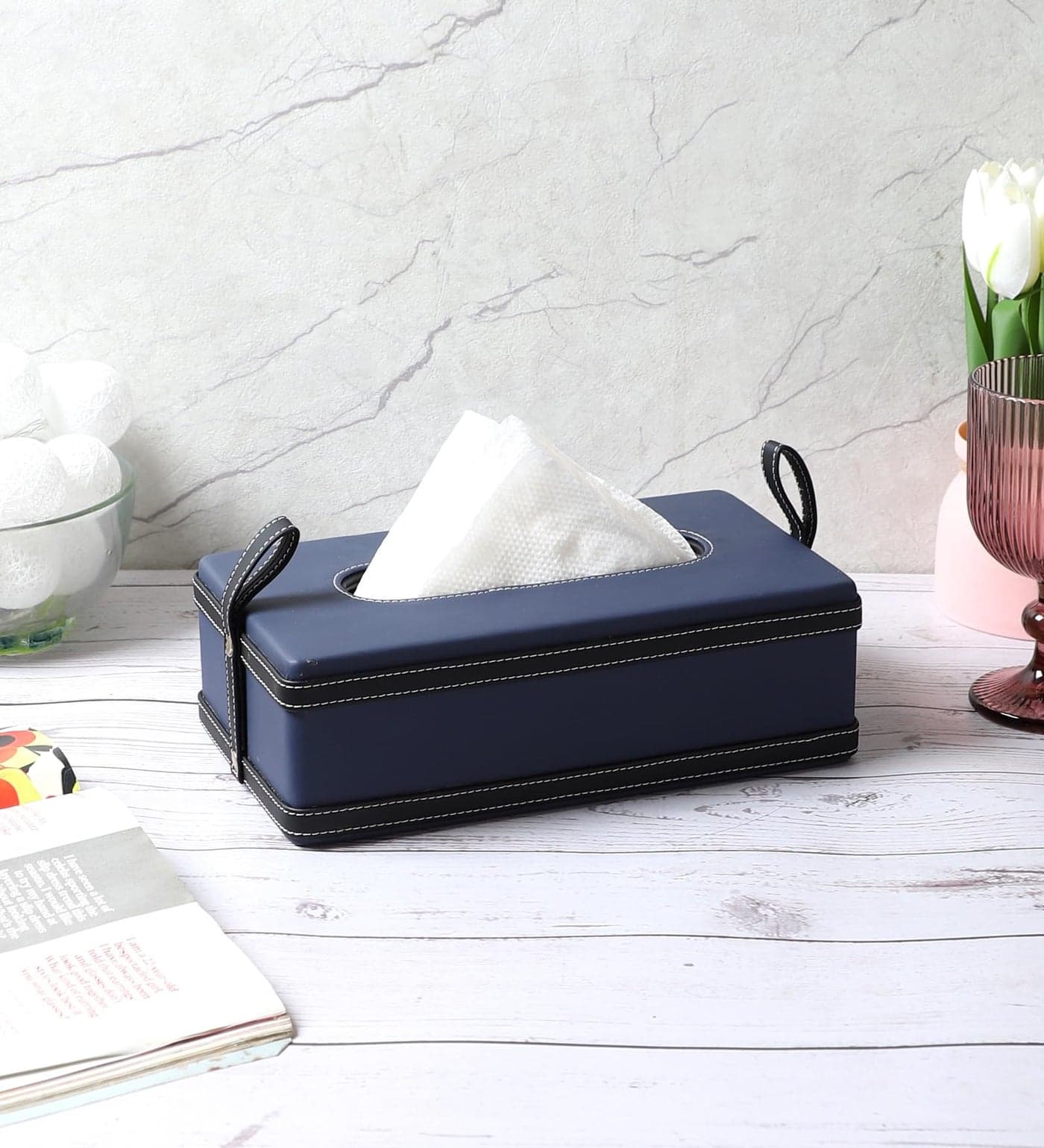 AKWAY Modern Leatherite Tissue Box Cover, Facial Tissue Box Holder, Napkin Dispenser Box for Bathroom, Home, Office and Restaurant (Blue)
