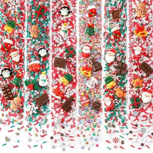 Jansun Christmas Fake Candy Sprinkle 32 Ounces Polymer Clay Slices and 50 Pcs Christmas Figures Include Fake Chocolate Mini Resin Gingerbread Man Snowman for Xmas DIY Crafts