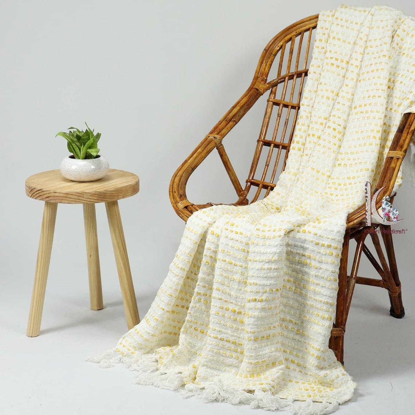 Cotton Sofa Throw 50 x 70 Inches Handmade Throw Cotton Color Light Cream Pack of 1