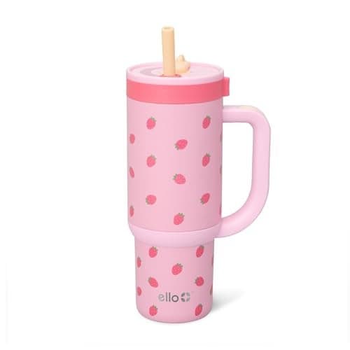 Ello Oasis 18oz Stainless Steel Kids Tumbler with Handle Retracting Straw 100 Leakproof DoubleWall Vacuum Insulated Kids Water Bottle for School BPA Free Dishwasher Safe Strawberries