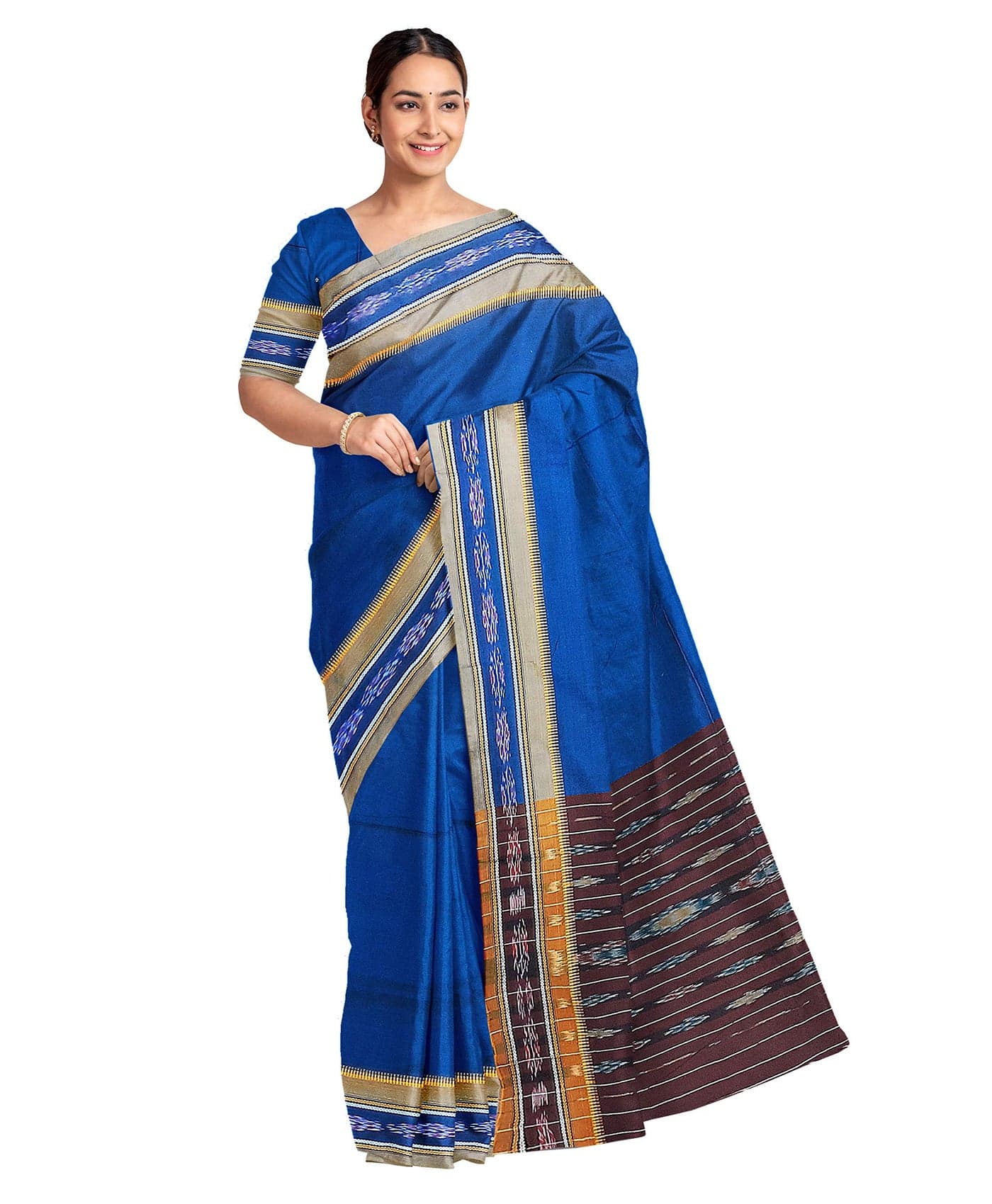 BTHIKIRI Odisha Sambalpuri Handloom Ikat Women's Cotton Saree, Odisha Handloom Handmade Pure Cotton Khandua Saree, Ikkat Orissa Traditional Handloom Saree Without Blouse (T-Blue, BTHI 1406)