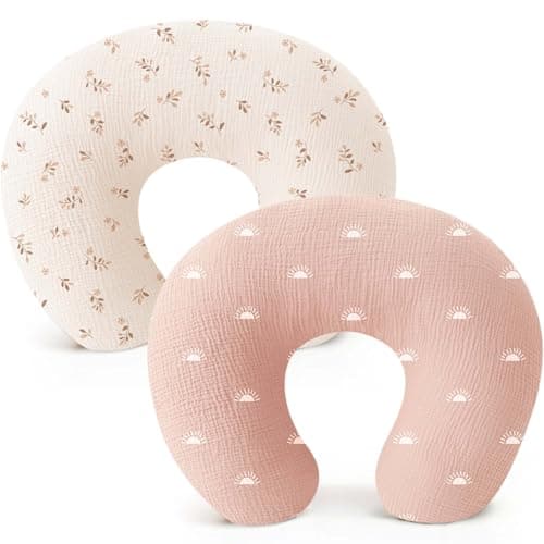 Konssy Muslin Nursing Pillow Covers Soft and Cute Nursing Covers for Breastfeeding Pillows Ideal for Newborn Baby Boys and Girls Brown Leaf Pink Sun 2 Pack