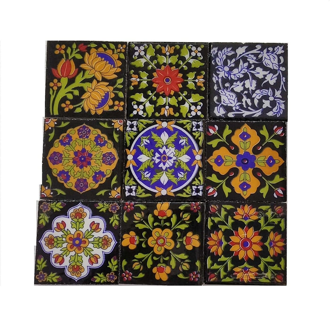 Shiv Kripa Blue Pottery Home Decorative Ceramic Wall Hanging Tile Design Flooring Tiles Floral Kitchen Washroom Mosaic Furniture Tile Handmade Backsplash 2 x 2 Inches Pack of 9 Multicolor