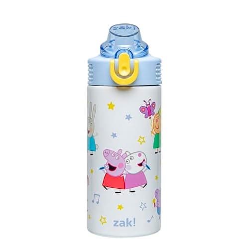Zak Designs Peppa Pig Sage Kids Water Bottle For School or Travel, 14oz Stainless Steel Water Bottle With Straw, Handle, and Leak-Proof, Pop-Up Spout Cover (Peppa & Friends)