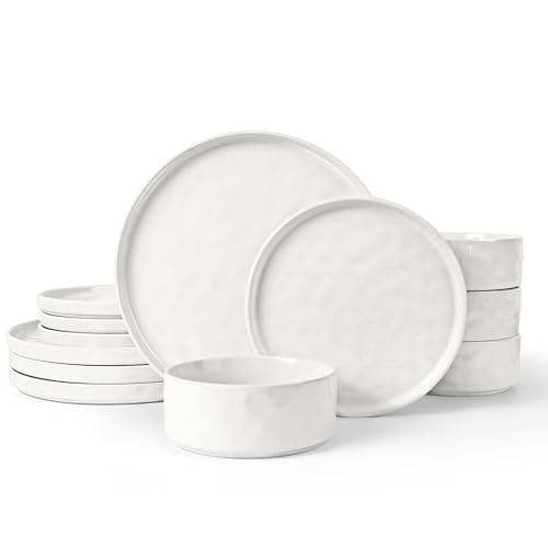 LIANYU Stoneware Dinnerware Sets, 12 Piece Plates and Bowls Dish Set for 4, Kitchen Speckled Dinner Ware Dining Dishware, Microwave & Dishwasher Safe, Polar White