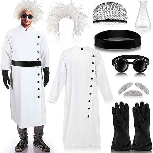 Jiuguva 9 Pcs Halloween Mad Scientist Costume for Adult Men Including Coat Belt Cup Gloves Goggles Wig Mustache Eyebrows(Large) Black