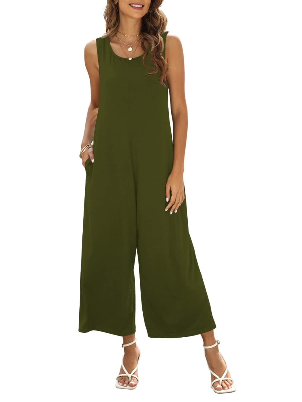Nfsion Women's Summer Casual Loose Tank Jumpsuit Sleeveless Crewneck Jumpsuit Romper Outfits with Pockets Small Army Green