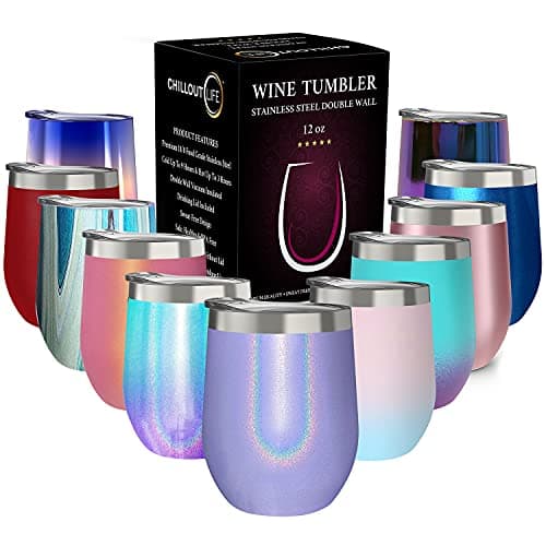 CHILLOUT LIFE 12 oz Stainless Steel Tumbler with Lid Wine Tumbler Double Wall Vacuum Insulated Travel Tumbler Cup for Coffee Wine Cocktails Ice Cream Purple Sparkle