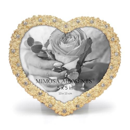 MIMOSA MOMENTS 5x5 Heart Shaped Brass Jewel Bling Picture Frame with Rhinestones, Decorative Tabletop Photo Frame for Wedding, Anniversary, Birthday, Bride & Couple Gift