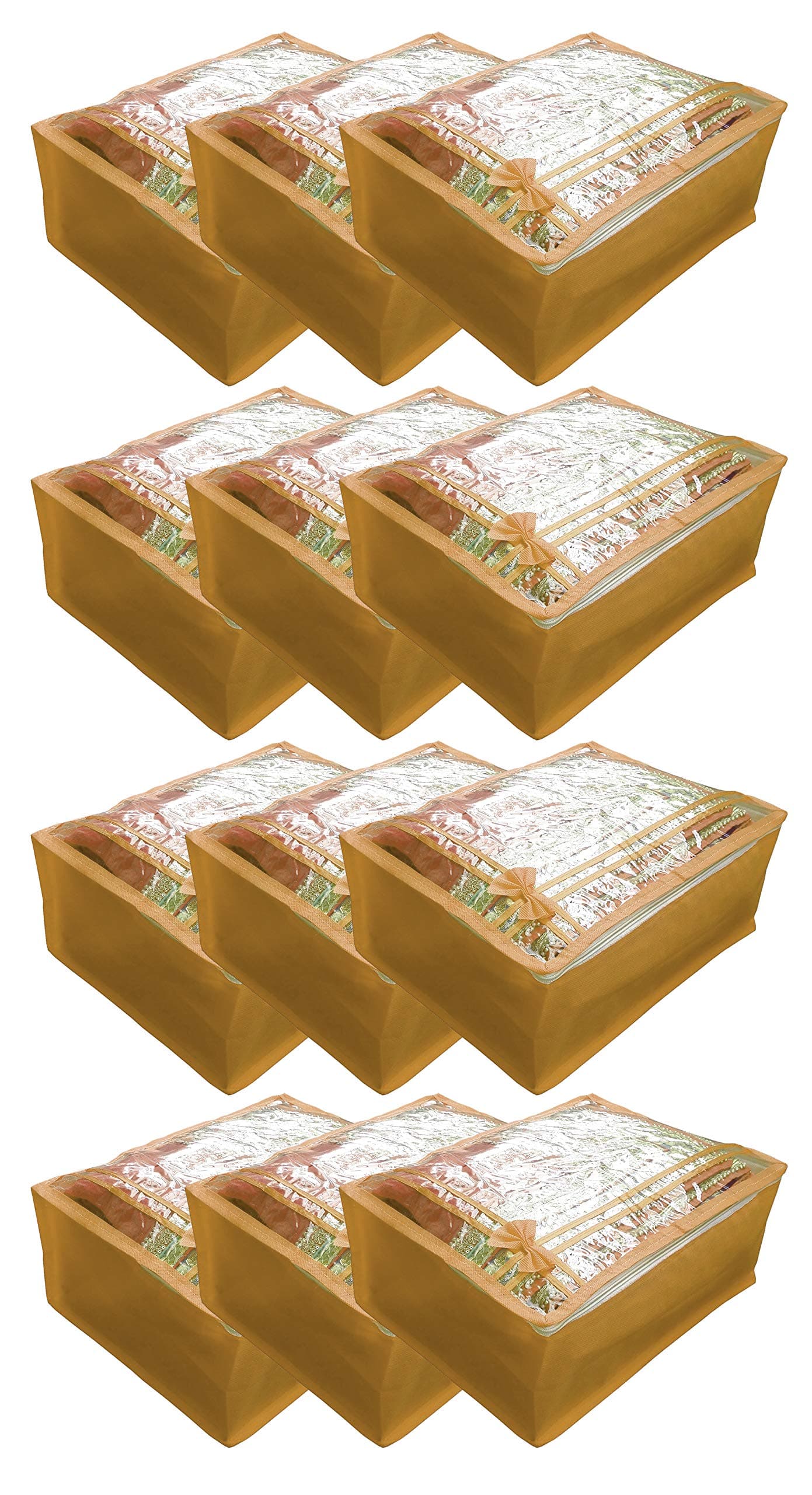 S4S Set of 12 Non Woven Saree Cover Bag, Cloth Cover Set for Storage with Transparent Top and Zip (BROWN)