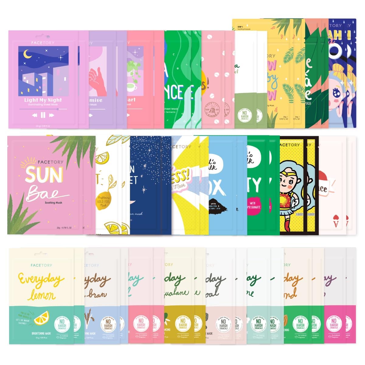 FACETORY K Beauty Face Mask Skin Care 50 COLLECTION Sheet Mask Set Natural Premium Korean Face Mask For All Skin Types No Sulfates No Parabens 50 pc