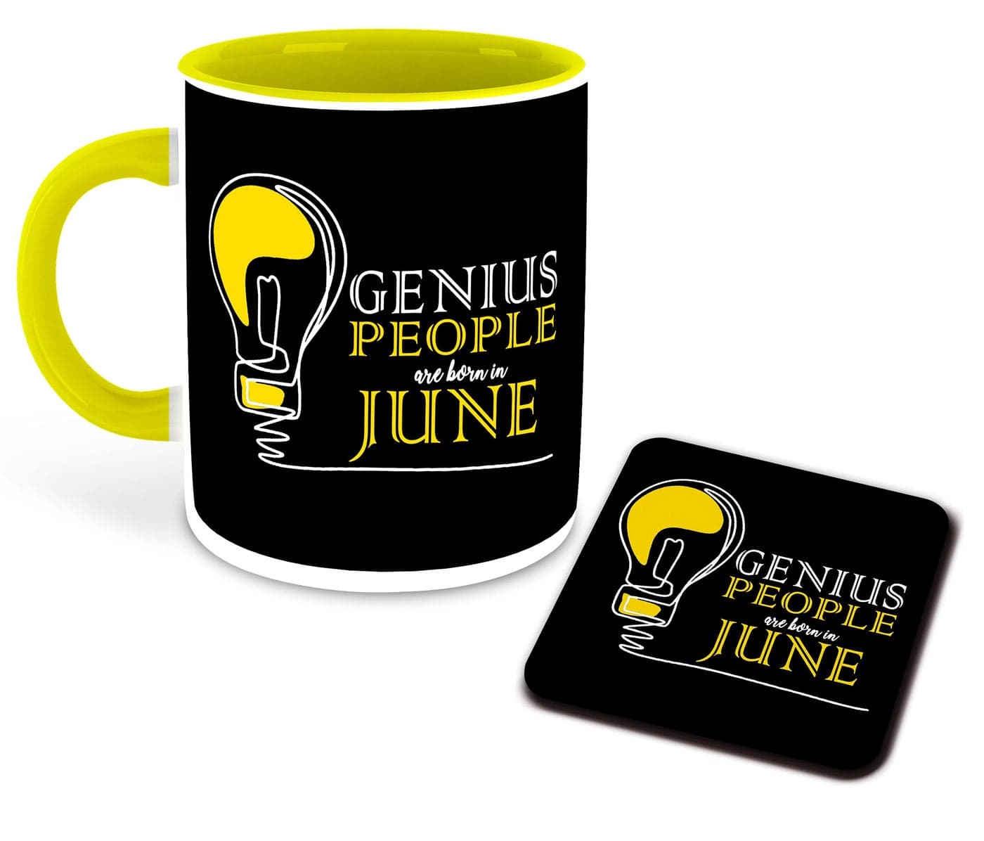 WHATS YOUR KICK - Genius are Born in June Printed Yellow Inner Colour Ceramic Coffee Mug with Coaster | Drink | Milk Cup - Best Gift | Genius Happy Birthday (Multi 6)