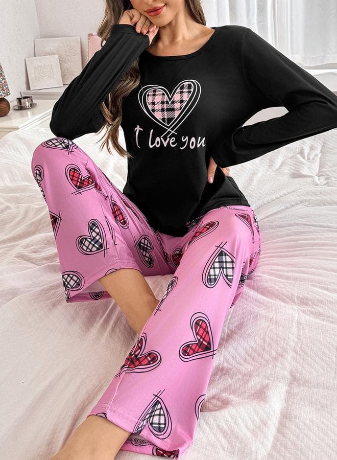 Take Two Heart Print Long Sleeve T-Shirt and Pyjama Set