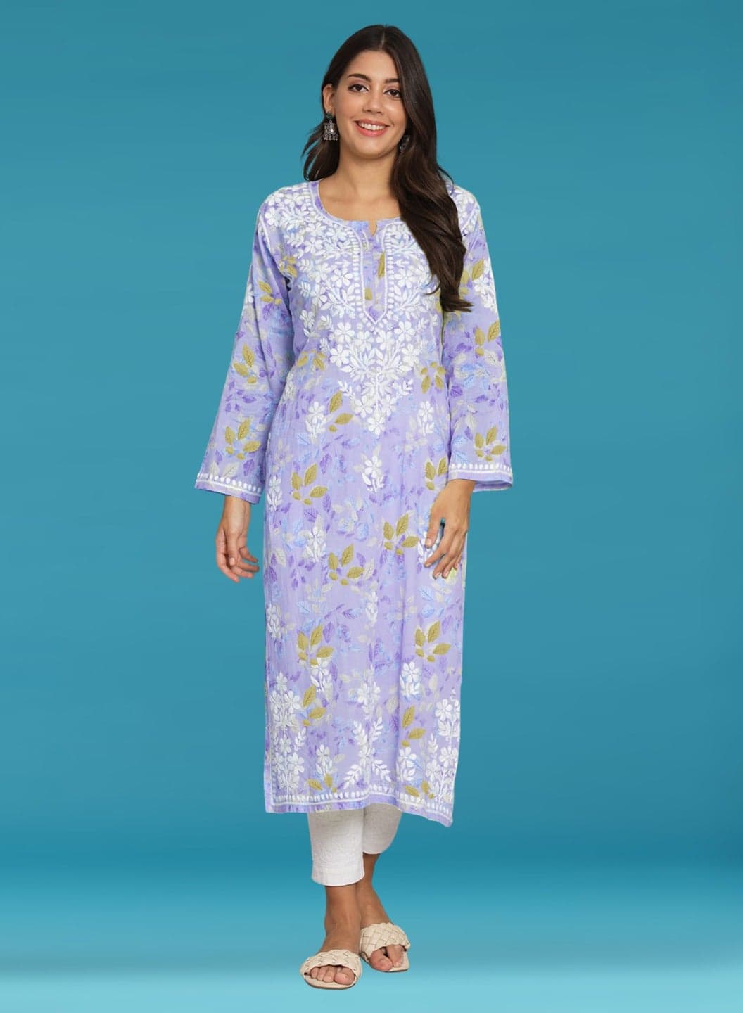 Hand Embroidered Chikan Printed Mulmul Kurta-AL3680