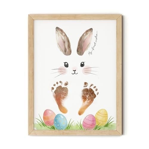 TwoDays Baby's First Easter Bunny Footprint Art Kit - My 1st Easter Framed Keepsake Newborn Gifts Ideas, DIY Handprint Gift for Girl/Boy Basket Stuffers from Grandma (12" X 16", Wood Frame)