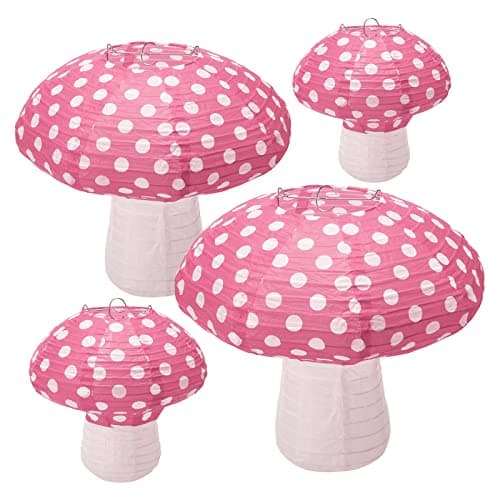 4Pcs Mushroom Shaped Paper Lanterns - Large Mushroom Shaped Paper Lanterns For Nursery, Garden, Christmas Party Decoration - 8 inch, 12 inch (Pink)
