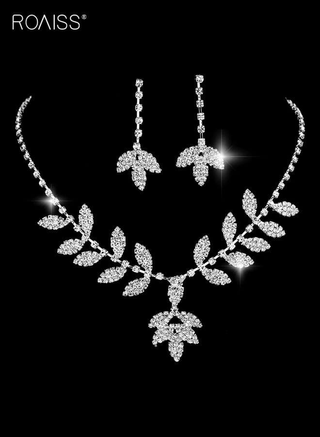 Women's Two-Piece Jewelry Bridal Set Elegance Luxury Rhinestone Necklace and Earring Set Featuring Elegant Leaf Design, High-Quality Crystal Accents, Perfect for Weddings, Formal Events, And Special Occasions
