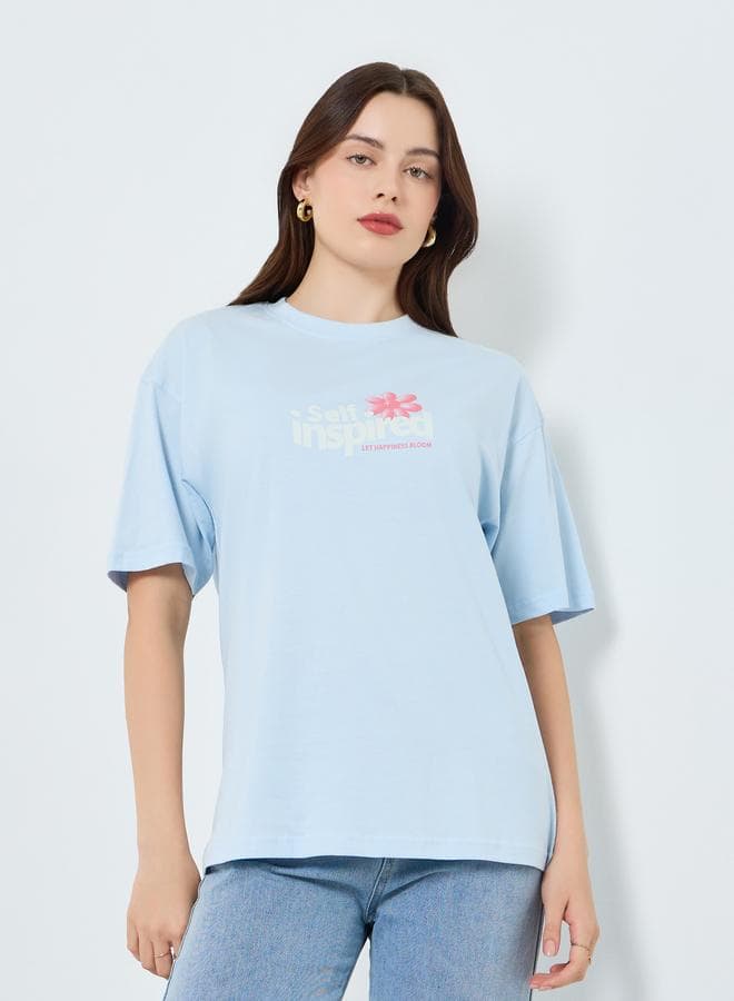 Women Blue Oversized Graphic Print T-Shirt