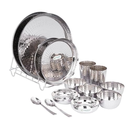 Coconut Stencil Stainless Steel Dinner Set with Side Hammered Design for Multipurpose Usage Lunch | Dinner | Kitchen Set for Home | Resturants - Set of 14pc