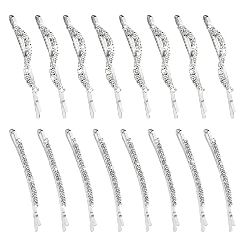 16 Pieces Fancy Rhinestone Bobby Pins, YISSION Silver Metal Hair Clips 2 Shaped Barrettes, Sparkly Crystal Hair Accessories for Women Girls Wedding Prom Party