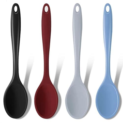 GEEKHOM Silicone Cooking Spoons, 4 Pieces 8" Heat Resistant Silicone Kitchen Utensils Set Serving Stirring Spoons for Non Stick Cooking, Mixing, Basting, Baking, Black+Red+Gray+Blue