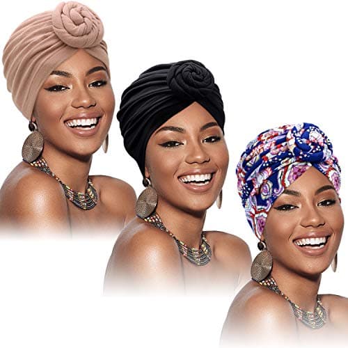 SATINIOR 3 Pieces African Turban for Women Knot Pre Tied Bonnet Beanie Cap Headwrap(Black, Blue Flower, Khaki)
