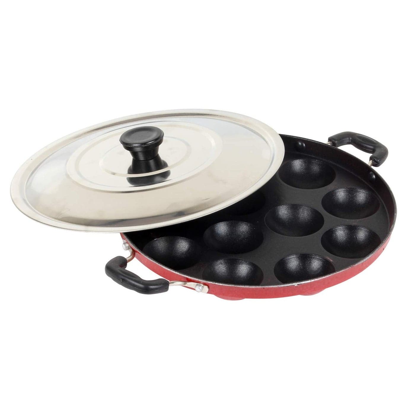 FULKIZA 12 Cavities Non Stick Appam Patra with LidRed PaniyarrakalPaniyaramAppam PanMakerPan Cake Maker