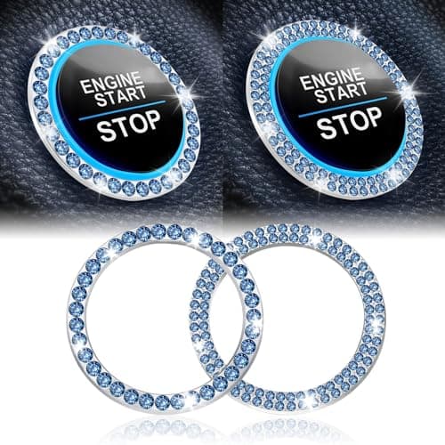 LivTee 2 PCS Crystal Combinatorial Rhinestone Car Engine Start Decoration Ring Push to Start Button Cover Sticker Bling Car Interior Accessories for Women Automotive Decals Light Blue