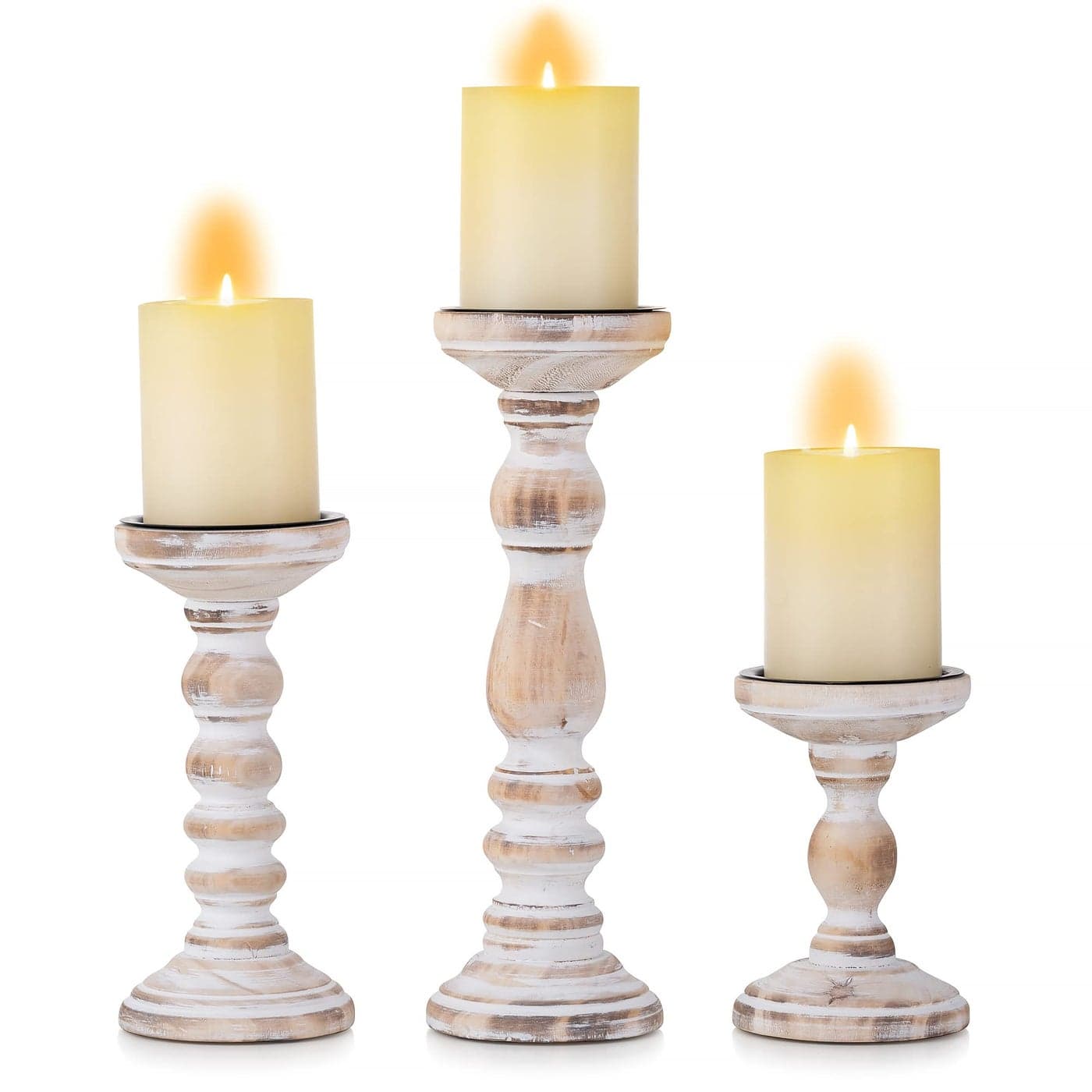 Inweder Wooden Candle Holders Pillar 3Pcs Wood Candlestick Holders Rustic Pillar Candle Holder Set Distressed White Shabby Chic Tealight Holders for Wedding Centrepieces Farmhouse Home Room Decor