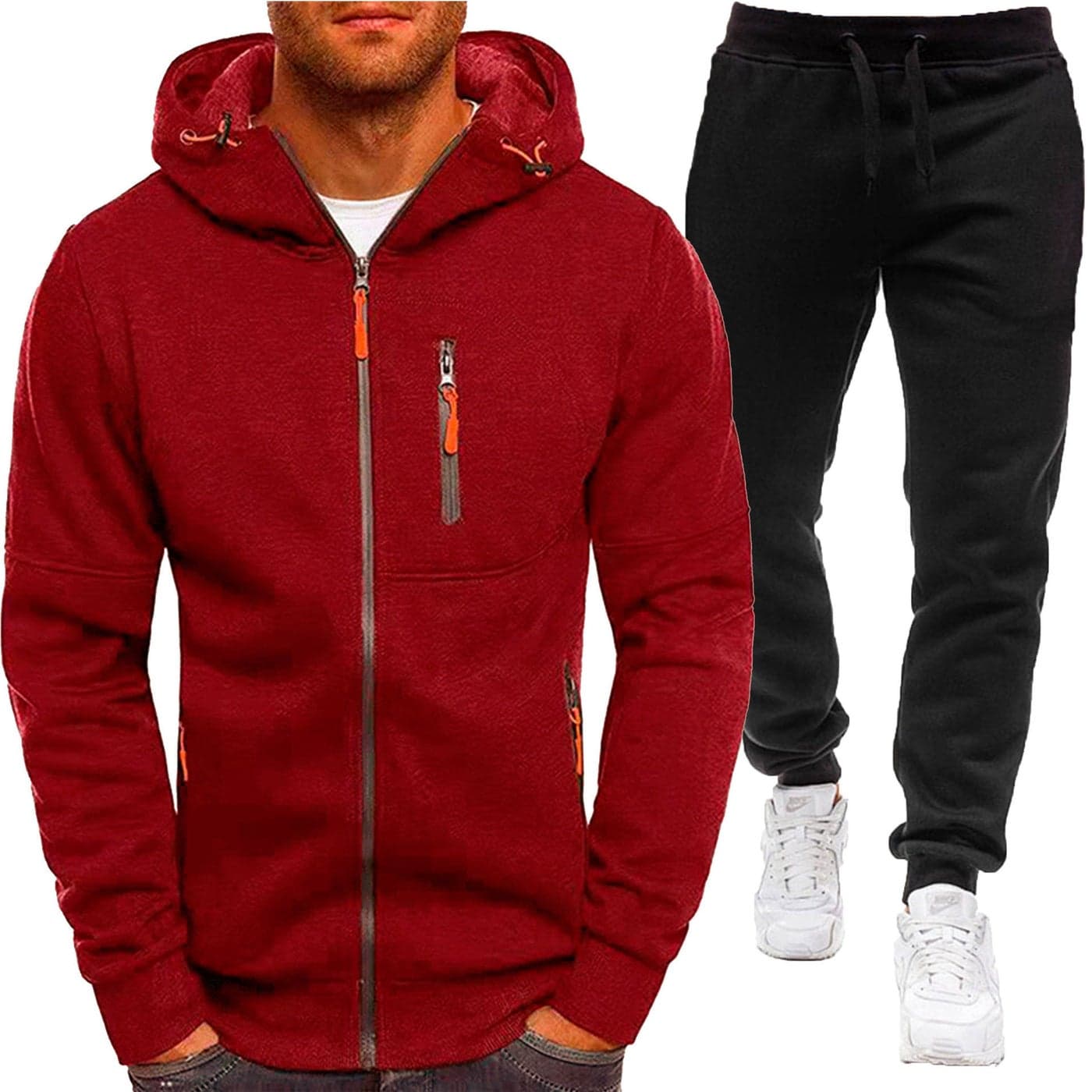 New Men'S Solid Color Sports Casual Zipper Sweatshirt Suit Fleece Cardigan Hooded Men'S Two-Piece Suit