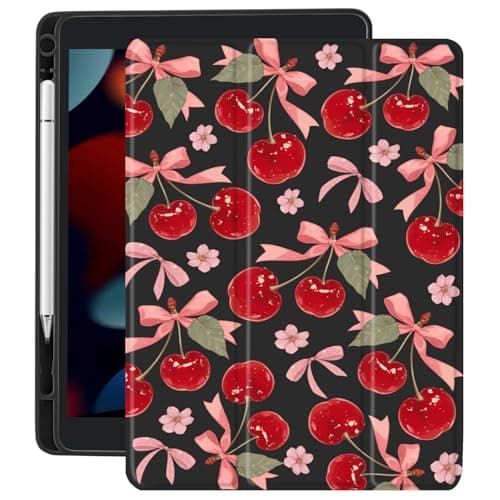 CozyNestCY Cute Bow Cherry Print Case for 10.9 Inch Ipad 10Th Aesthetic Flowers Cover for Ipad Stylish Shell with Clear Transparent Back Auto Sleep/Wake Shockproof with Pencil Holder(Girls Women)