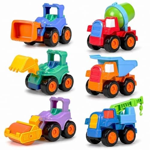 SHAKTISM Construction Vehicle Toys, 6 Pack Friction Powered Cars, Push and Go Play Set with Cement Mixer, Dump Truck, Bulldozer, Tractor, Truck and Road Bike
