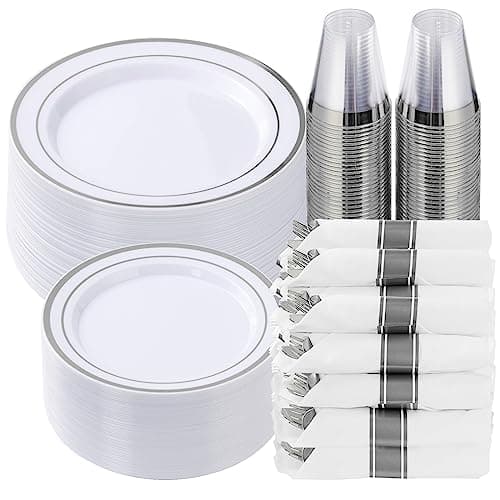 Goodluck 350 Piece Silver Plastic Dinnerware Set for 50 Guests Fancy Disposable Plates for Party Include 50 Dinner Plates 50 Dessert Plates 50 Pre Rolled Napkins with Silver Silverware 50 Cups