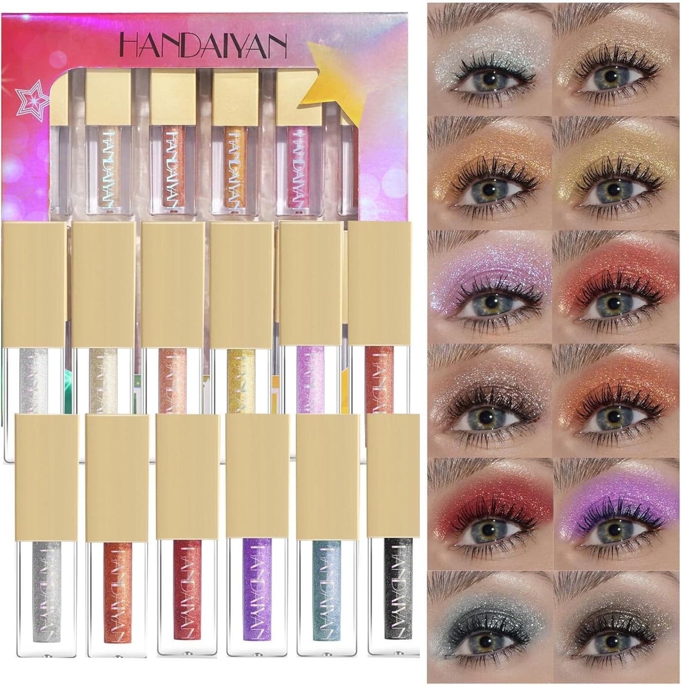 12Pcs Glitter Liquid Eyeshadow Set 12 Colors Metallic Shimmer EyeShadow Makeup Kit to Create Longlasting Metallic Glitter Shimmer Naked Smokey Eye Looks
