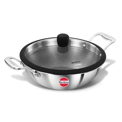 Hawkins Pro 3.5 Litre Shielded Nonstick Triply Deep-Fry Pan, Kadhai with Stainless Steel Handles and Glass Lid, Silver (PSNK35G), 26 cm|Induction and Gas Stove Compatible