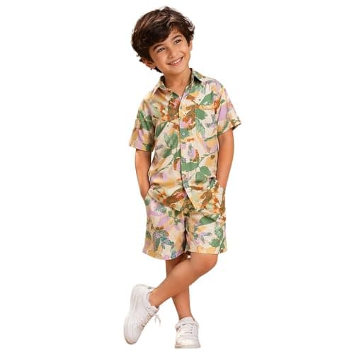 superminis Boys Coordinated Set With Printed Rayon Shirt and Shorts (3-4 Years, Green)
