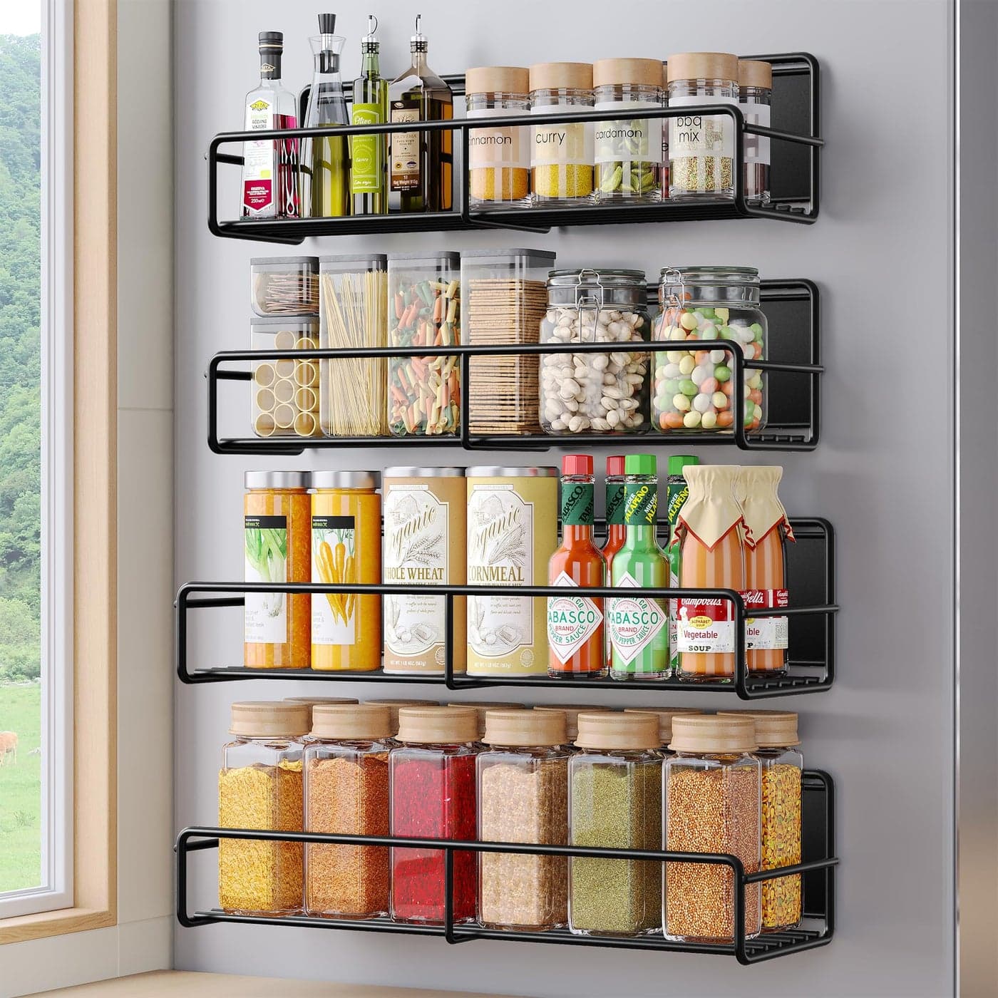 Mystozer 4 Pack Magnetic Spice Rack for Refrigerator Magnetic Shelf Fridge Organizer for Kitchen Storage Black