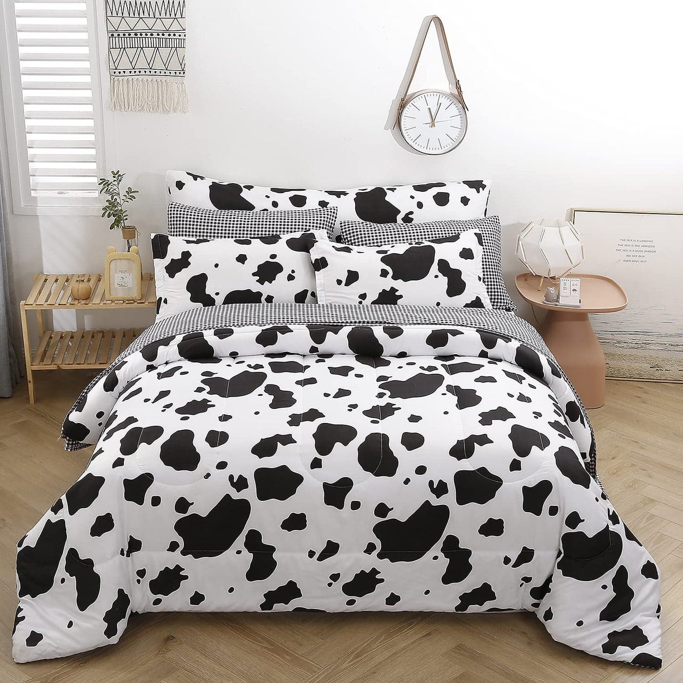 SUCSES Cow Print Queen Comforter Set with Sheets 8Pcs Bed in A Bag Queen Size Bedding Set Geometric Black and White Duvets for All Season