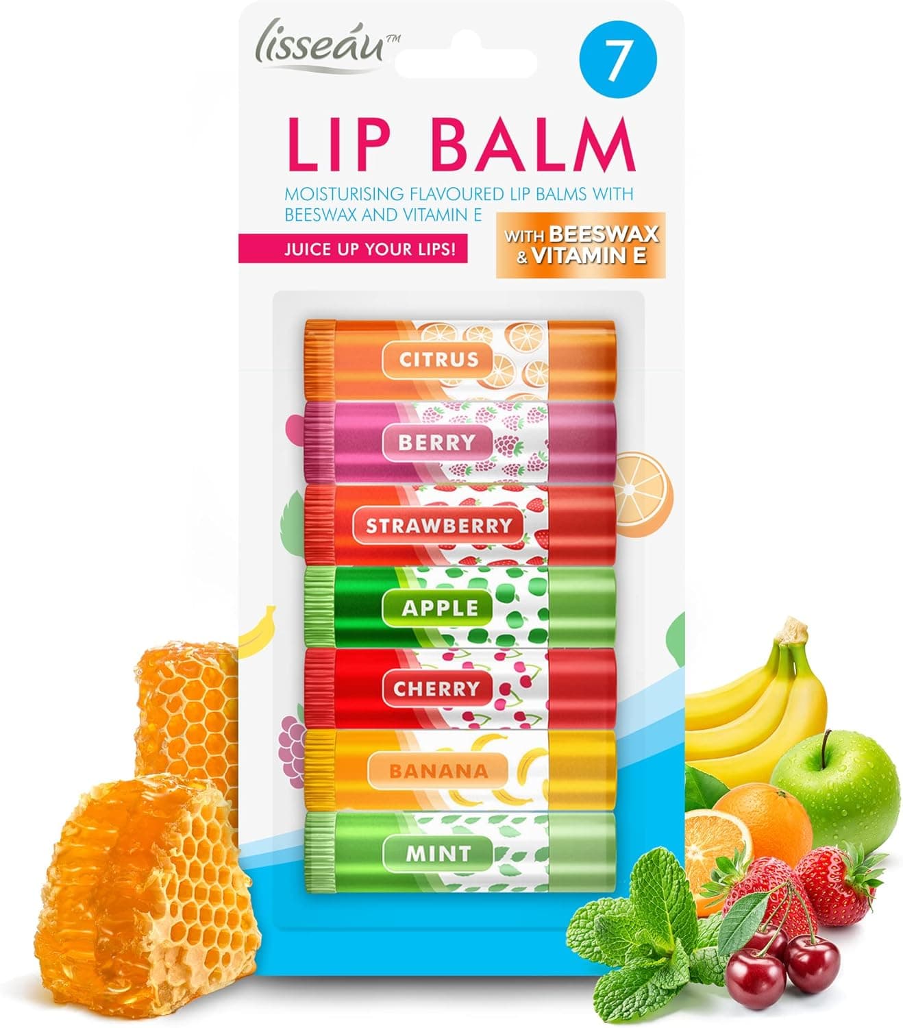 SOL 7pk Lip Balm Set Flavoured Moisturiser for Lips with Beeswax Vitamin E Fruit Lip Balm Set for Girls for Dry Chapped Lips Moisturising Balms Multipack Sticks Girls Lipbalm for Daily Use