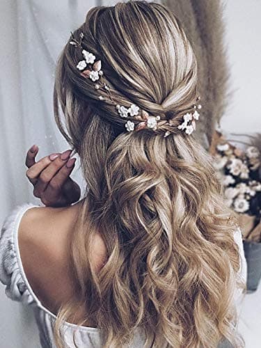 Jakawin Bride Flower Wedding Hair Vine Crystal Hair Piece Pearl Bridal Headpiece Leaf Hair Accessories for Women and Girls HV103 Rose Gold