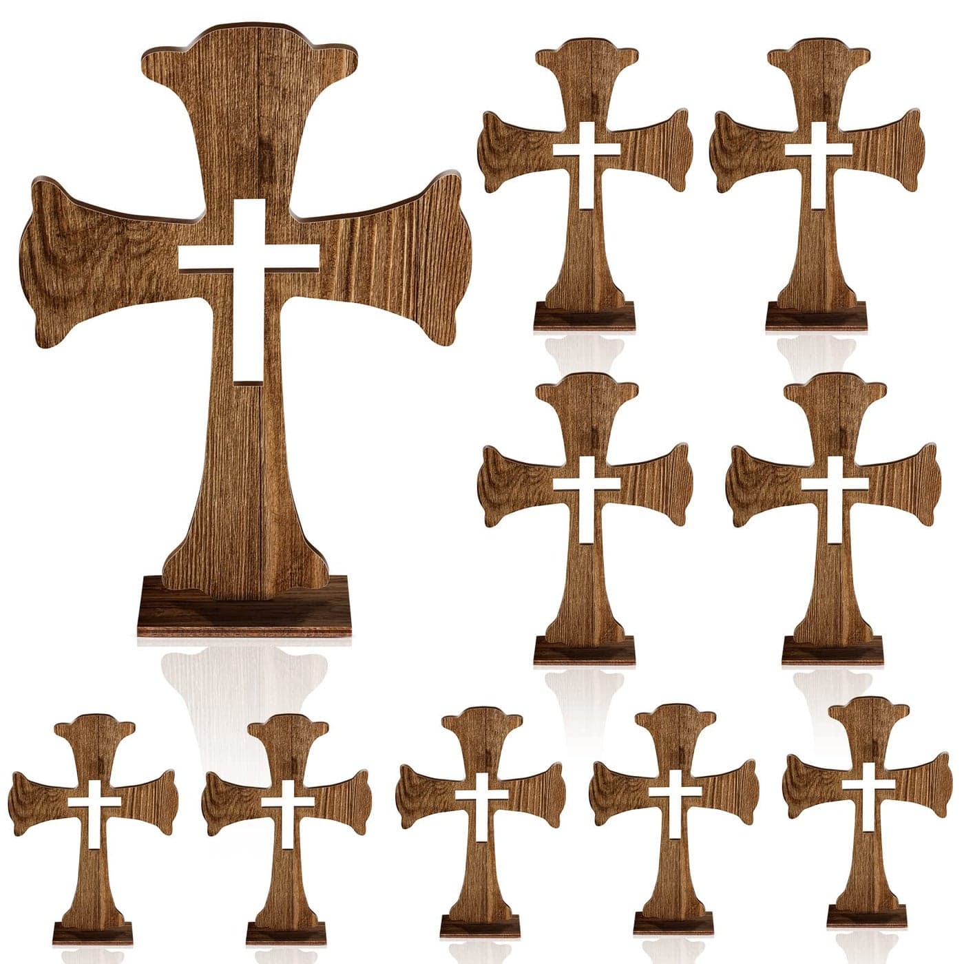 Amyhill 10 Pcs Easter Wooden Crosses Baptism Centerpieces for Tables First Communion Decorations Rustic Wood Cross for Crafts with Bases Religious Catholic DecorBrown