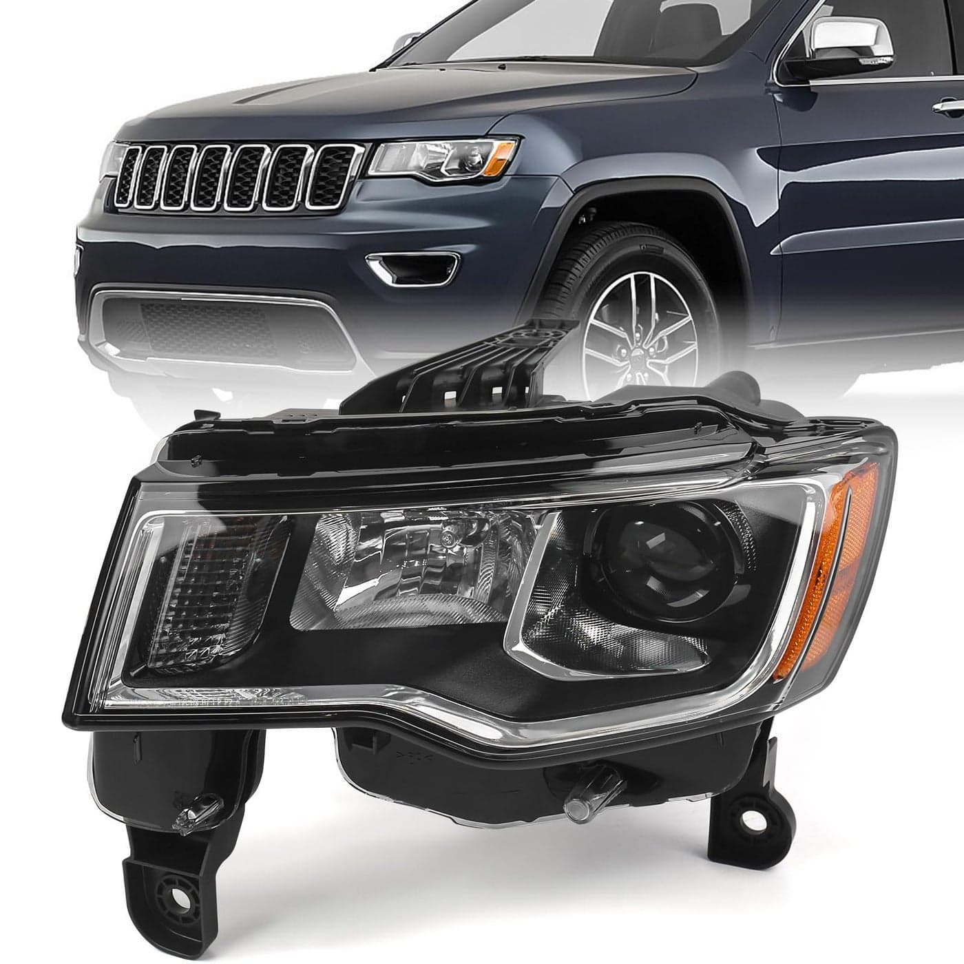FIONE Halogen Headlight Assembly Compatible with Jeep Grand Cherokee 2017 2018 2019 2020 2021 Replacement Headlamp with Chrome Housing White Left Driver Side LH